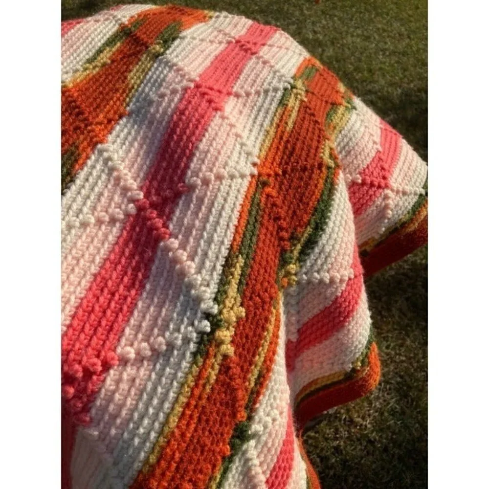 Handmade Crocheted‎ Aztec Southwestern Fall Afghan Throw Blanket Fringed 43 x 66